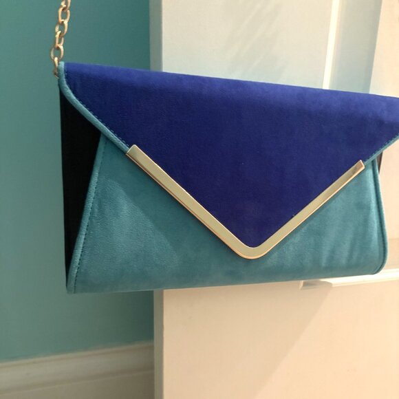Aldo Color Block Teal and Cobalt Blue Suede Crossbody Clutch Gold Hardware NWT - Picture 6 of 12